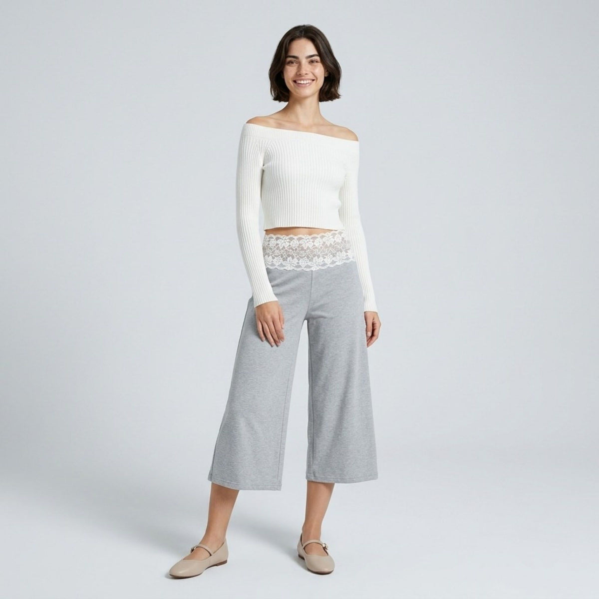 Lace Contrast Waistband Cropped Wide-Leg Trousers