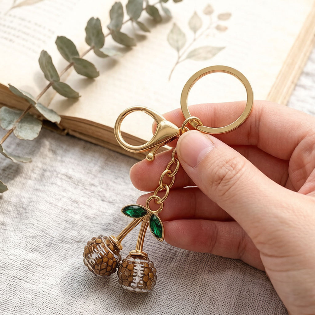 2 Pack Sports Ball Cherry Keychains with Gold Tone Clip and Leaf Charm