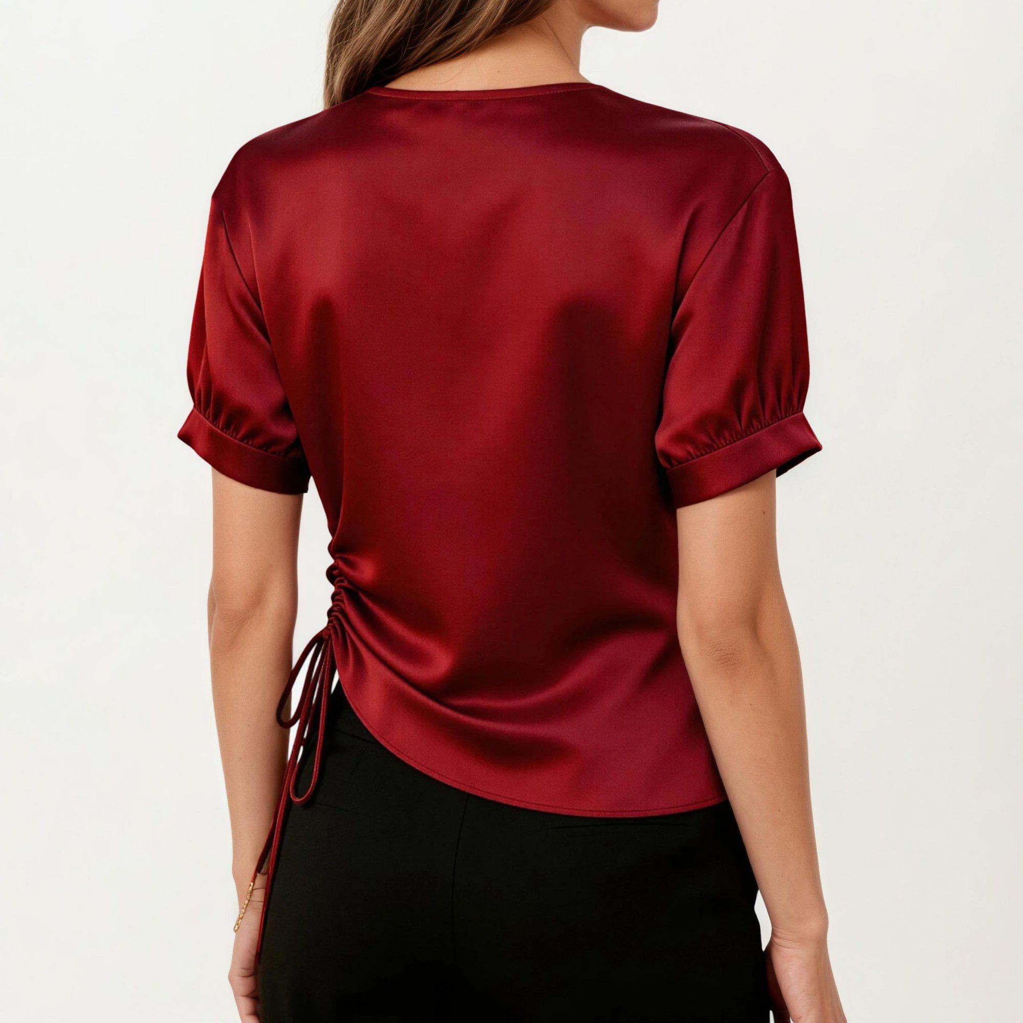 Anna-Kaci Women's Satin V Neck Blouse with Puff Sleeves and Side Ruched Drawstring