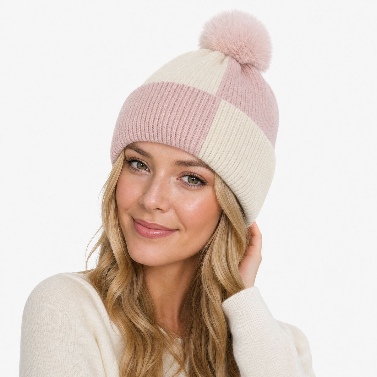 Color Block Knit Beanie Winter Hat with Pom and Plush Lining