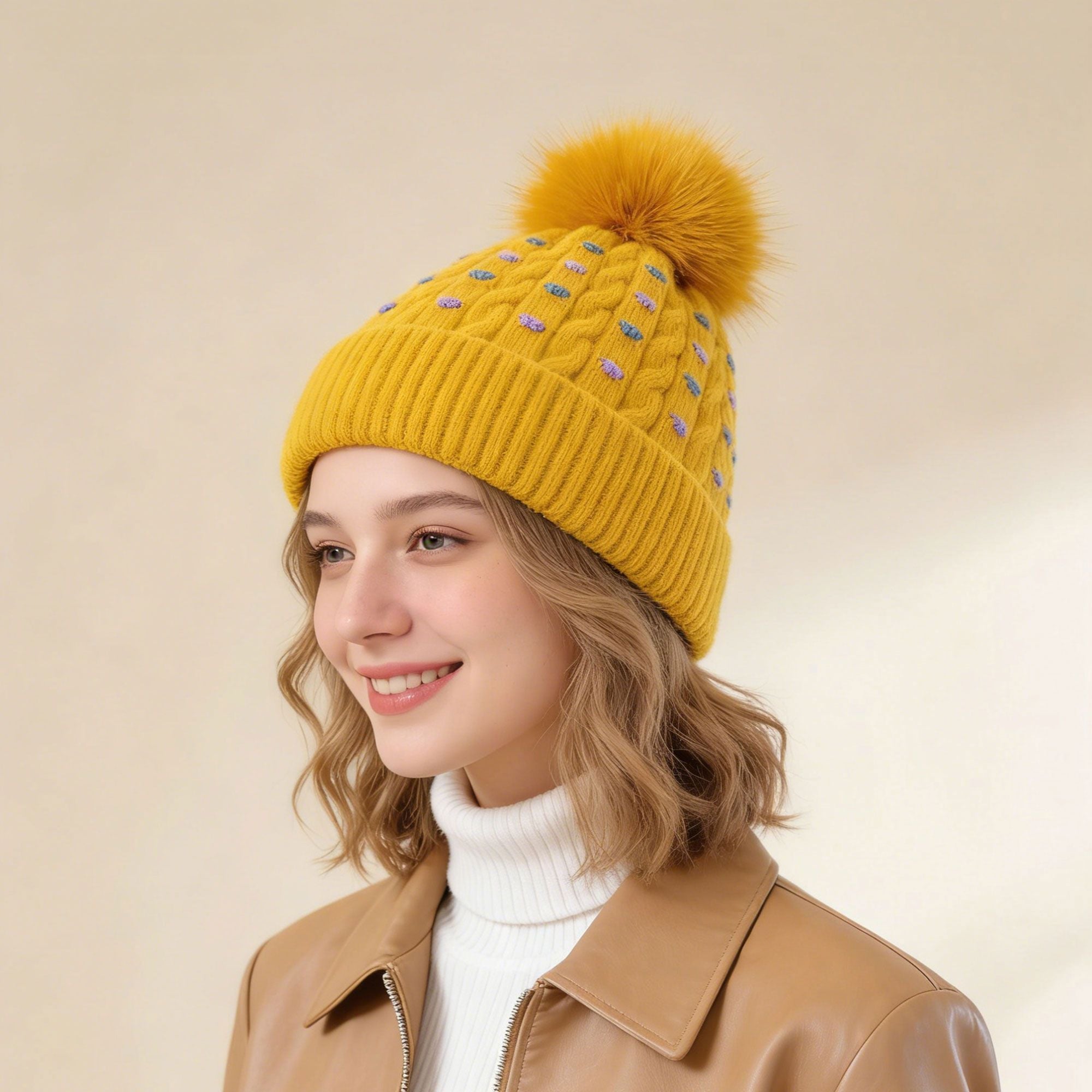 Anna-Kaci Women's Knit Beanie with Large Faux Fur Pom-Pom - Winter Hat with Embroidered Accents