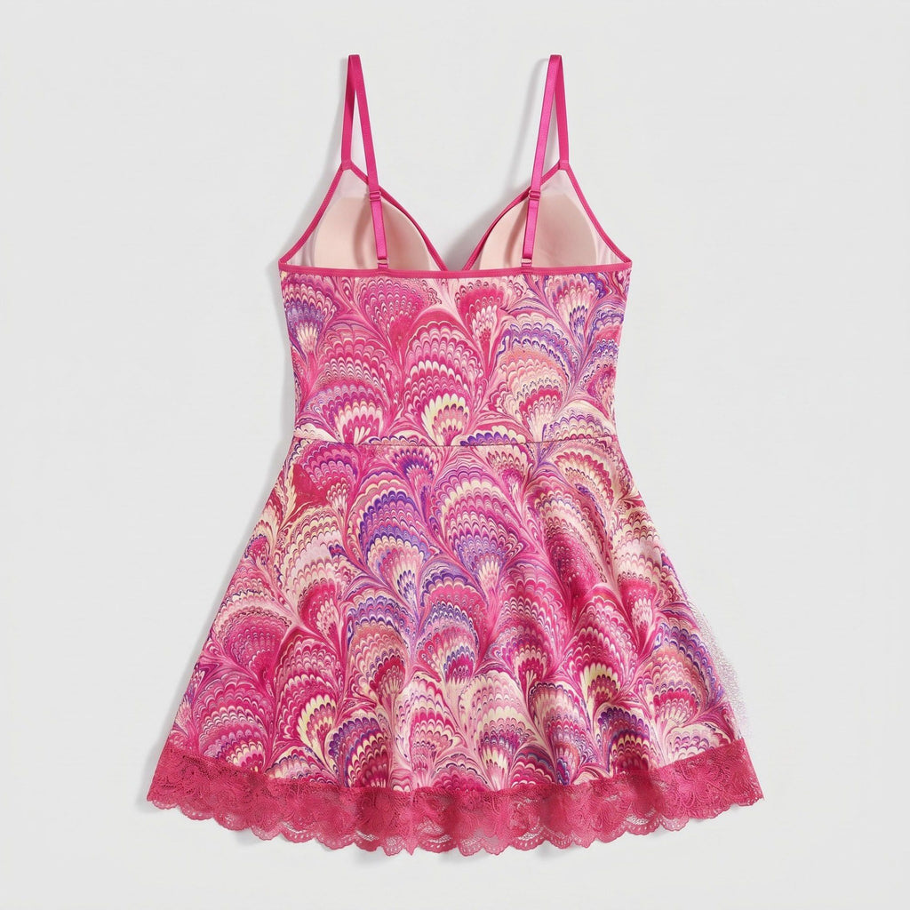 Printed Lace Trim Chemise Nightgown