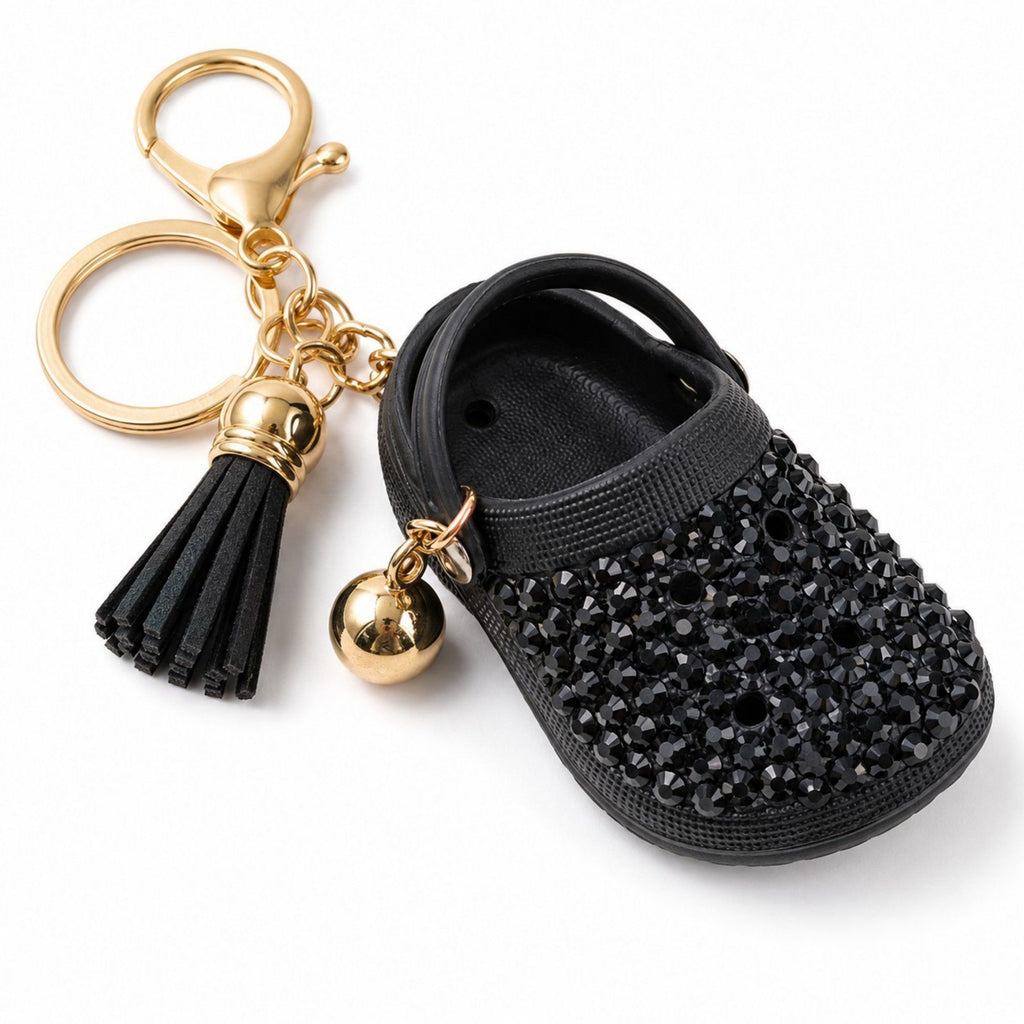 Rhinestone Mini Clog Keychain Bag Charm with Tassel Gold Tone Clip and Key Ring