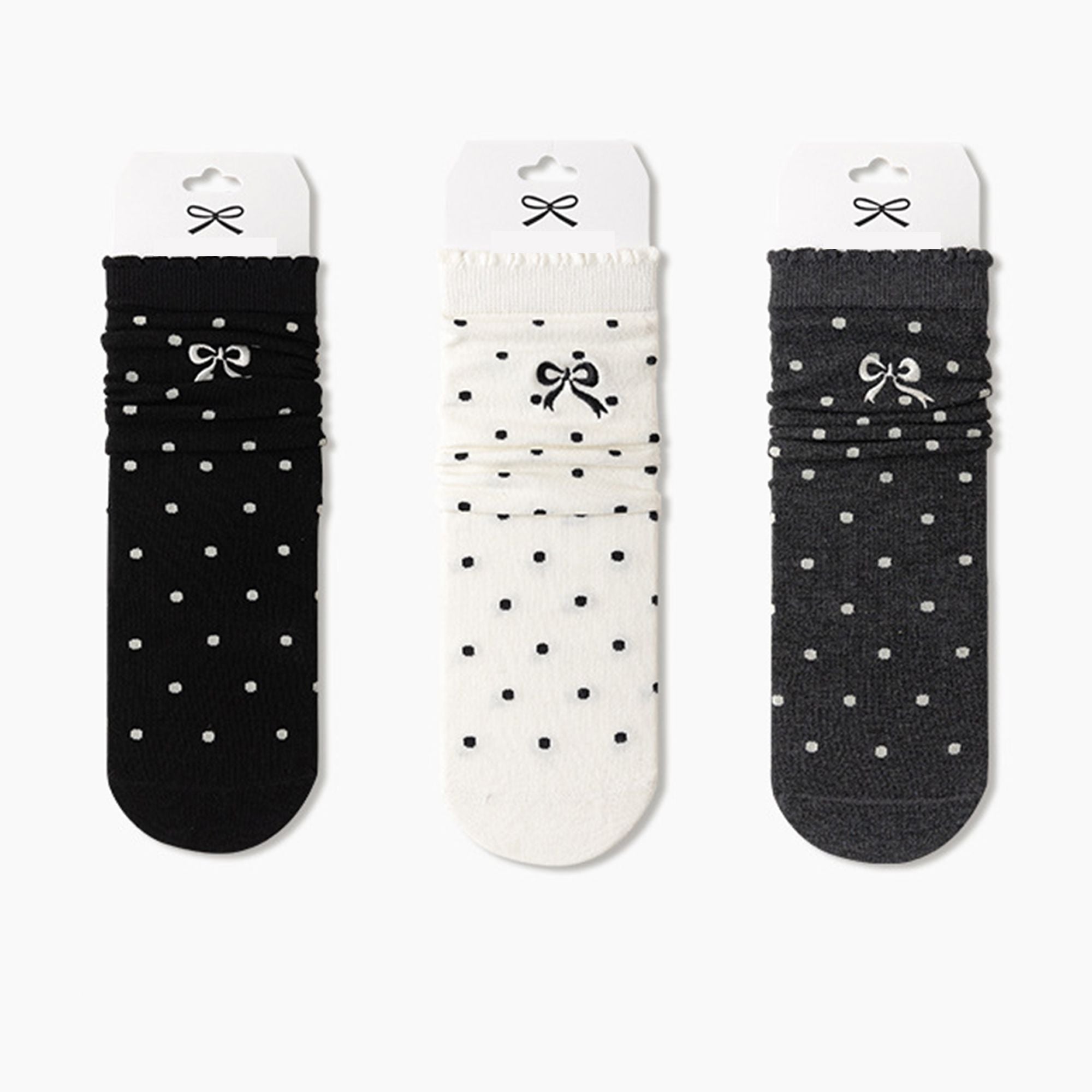 Anna-Kaci 3-Pair Soft Polka Dot Socks with Bow Embroidery and Ruffled Cuff Design