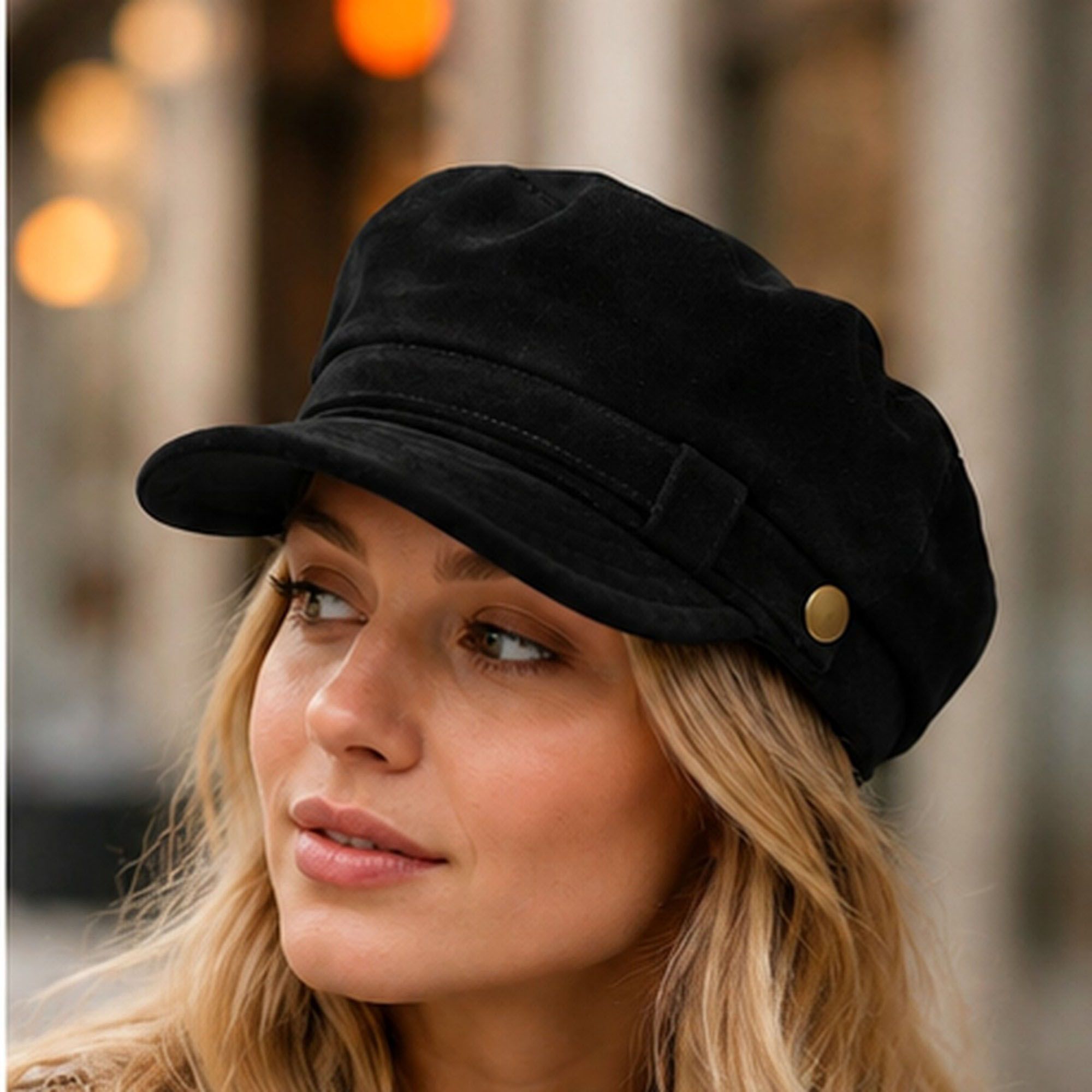 Soft Textured Newsboy Cap with Metal Button and Short Brim