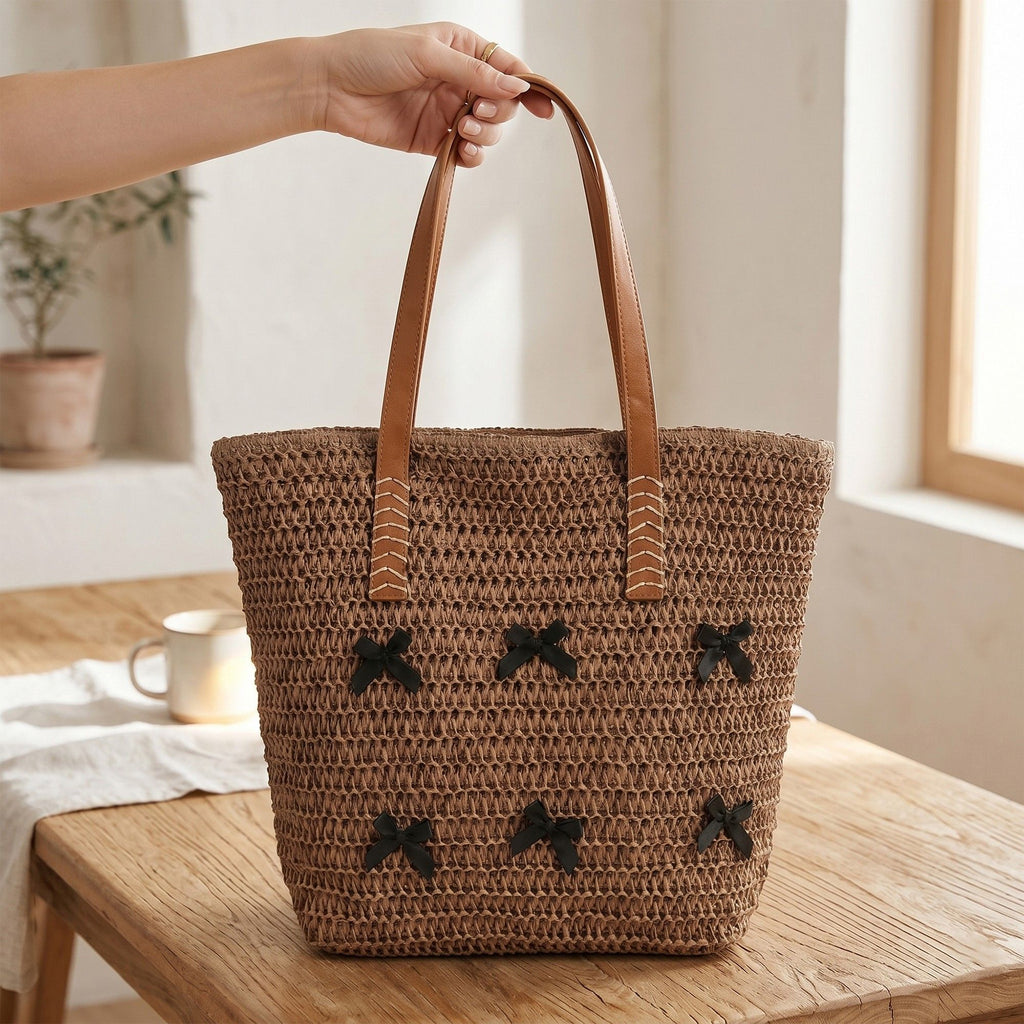 Woven Crochet Tote Bag with Bow Detail Leather Strap Shoulder Handbag Lightweight Knit Large Tote