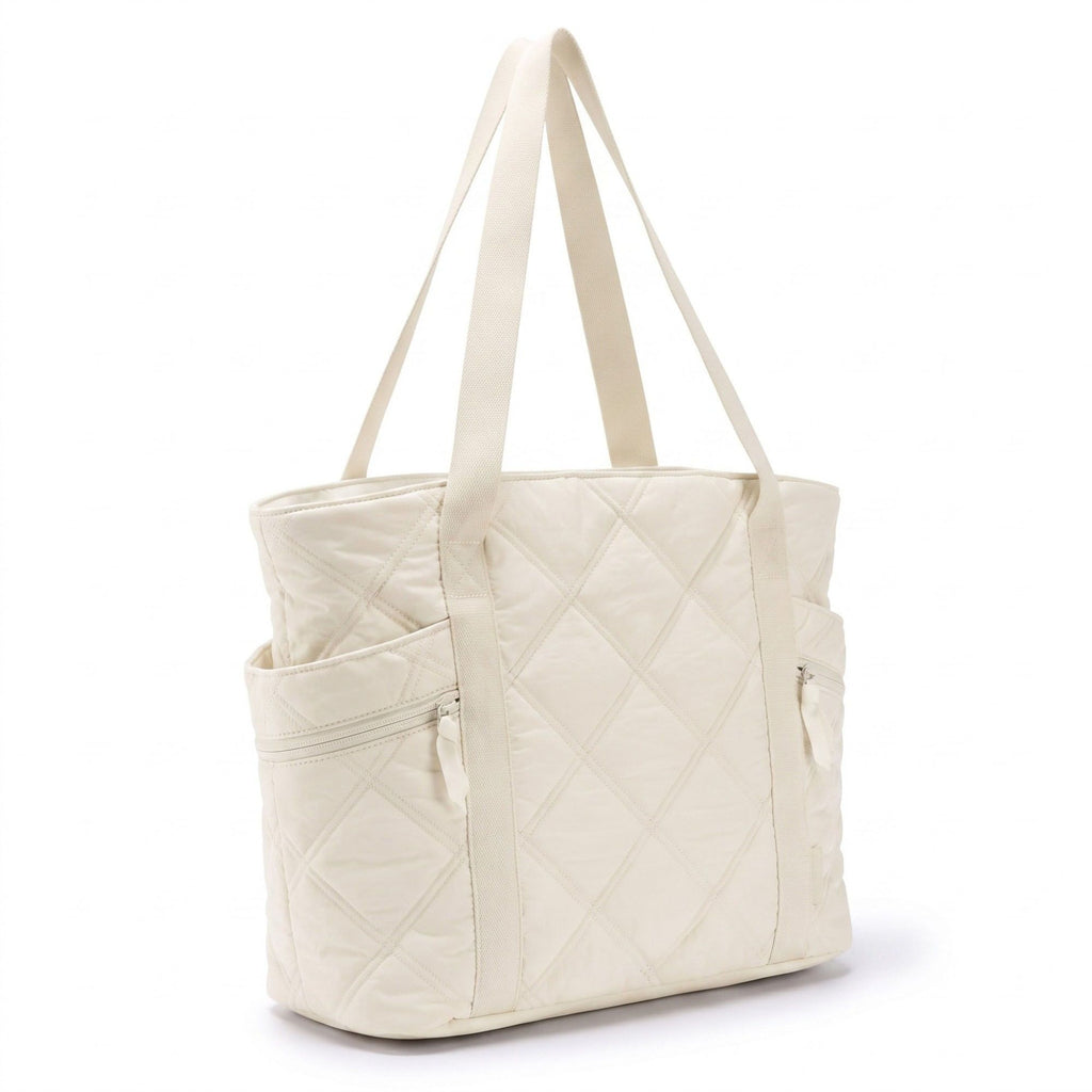 Oversized Quilted Tote Bag with Exterior Zip Pockets and Long Shoulder Straps 15.5x12.5x6.5in
