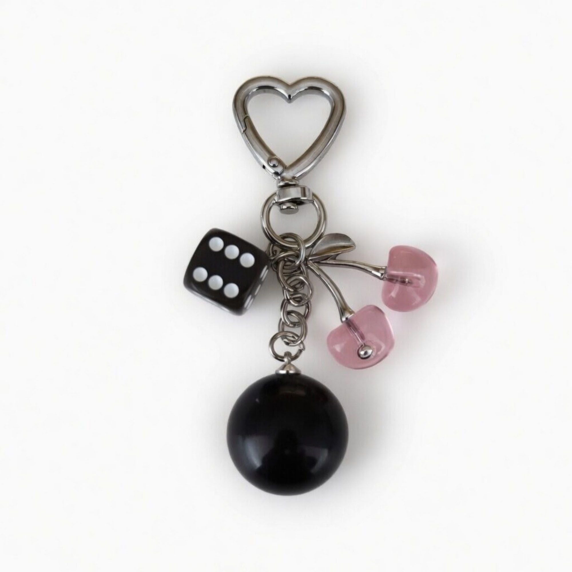 8 Ball Cherry Dice Charm Keychain with Heart Clip Novelty Bag Charm Key Ring Accessory
