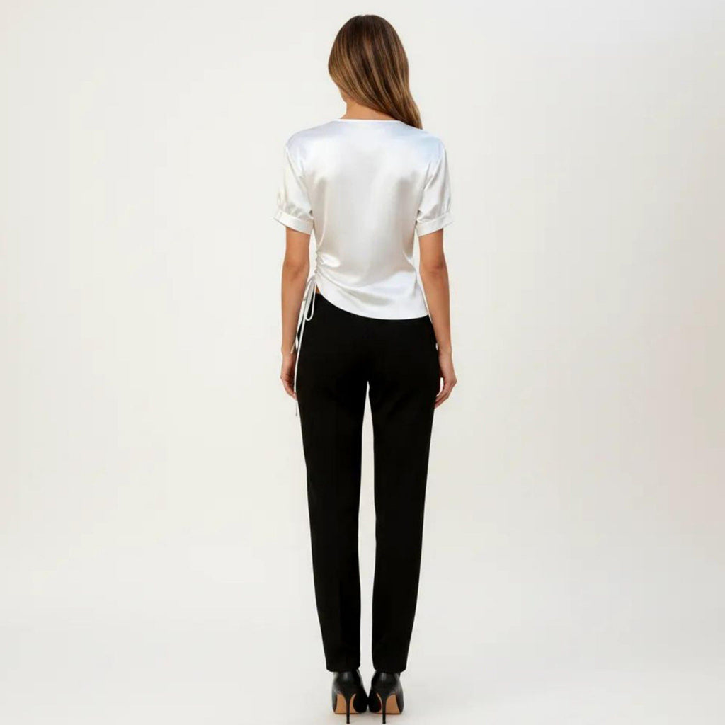 Anna-Kaci Women's Satin V Neck Blouse with Puff Sleeves and Side Ruched Drawstring