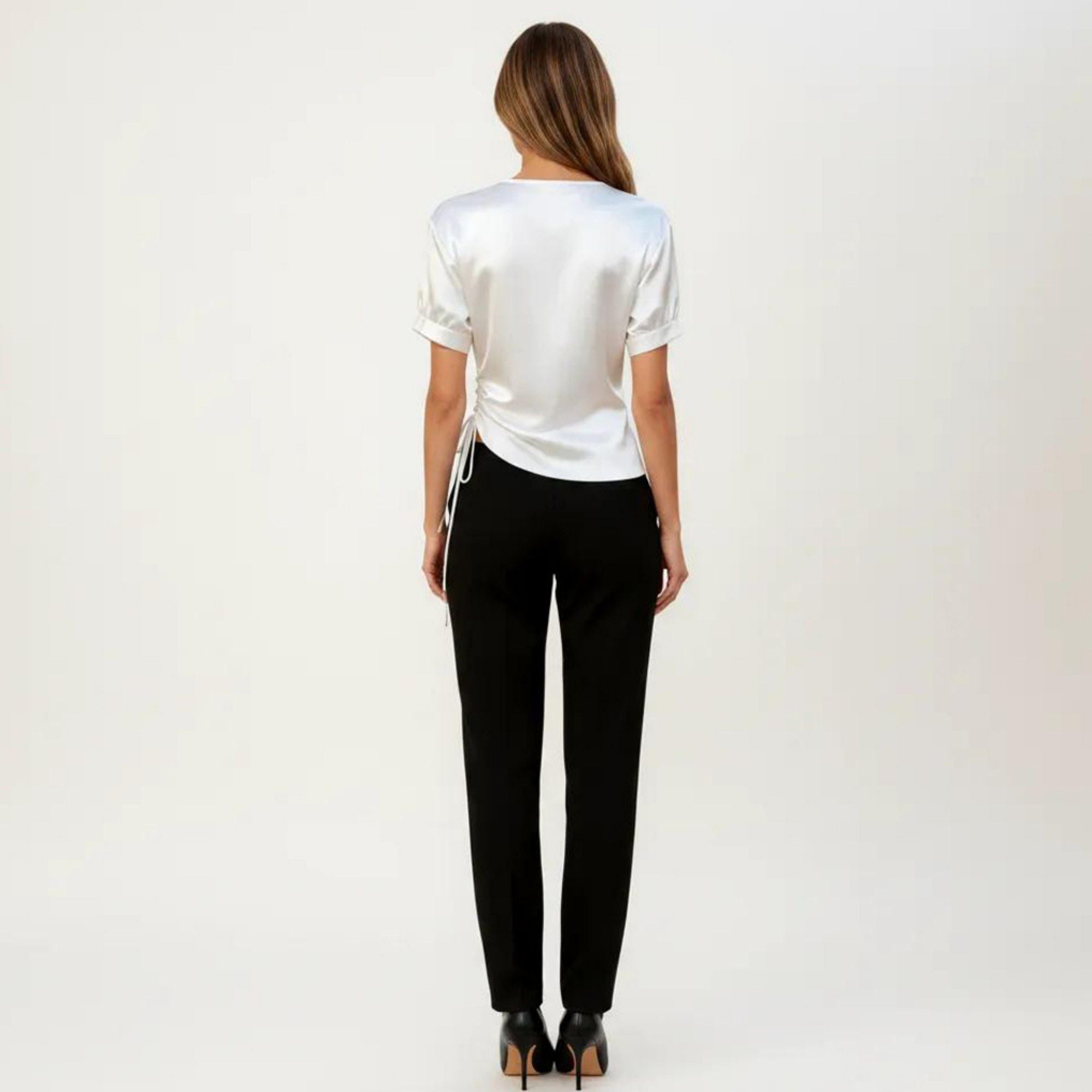 Anna-Kaci Women's Satin V Neck Blouse with Puff Sleeves and Side Ruched Drawstring