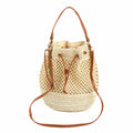 Woven Paper Fiber Bucket Bag Adjustable Strap Crochet Shoulder Handbag with Drawstring Closure