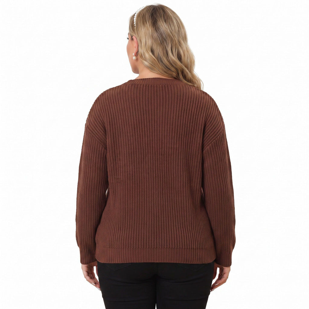 Plus Size Contrast Collar V-Neck Ribbed Sweater