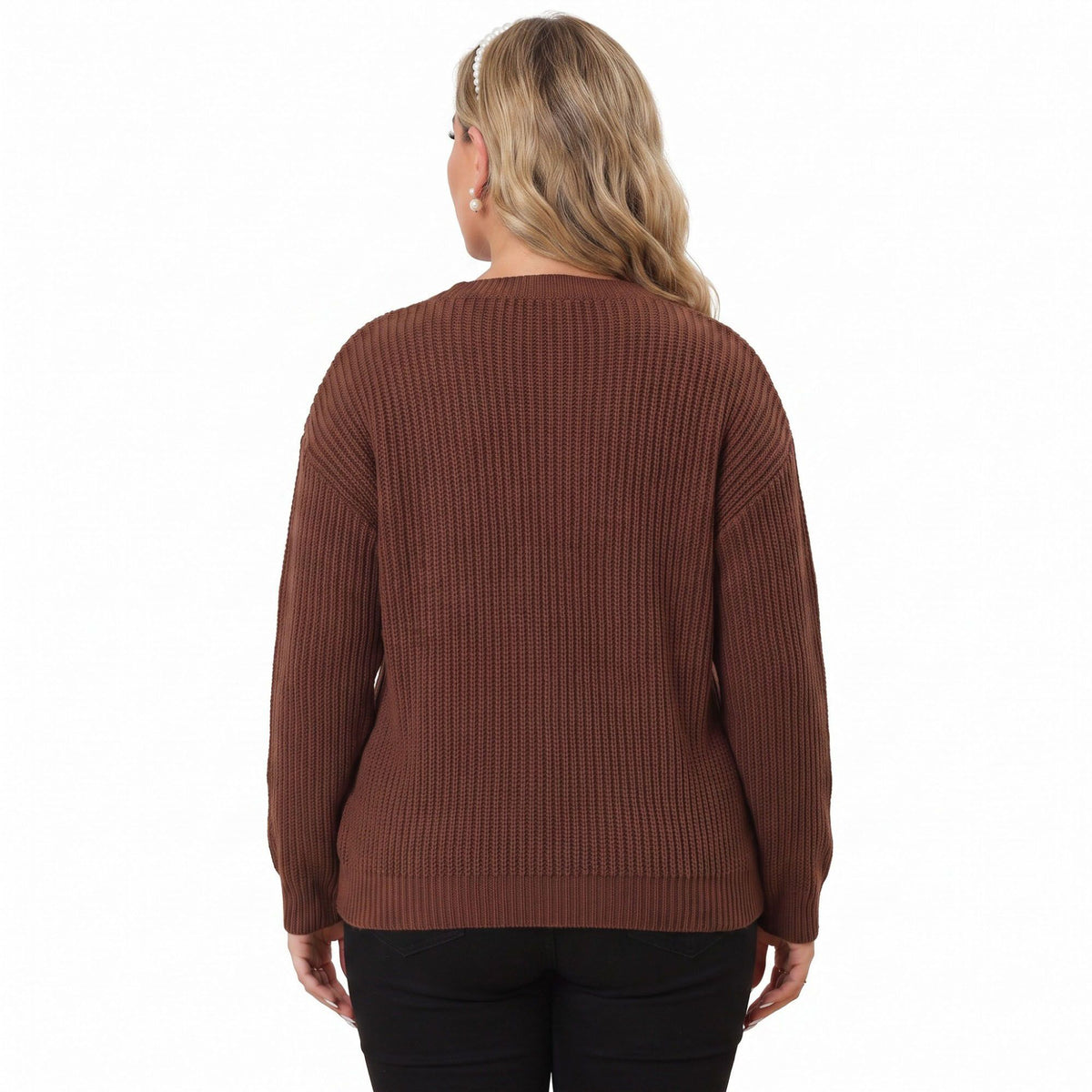 Plus Size Contrast Collar V-Neck Ribbed Sweater