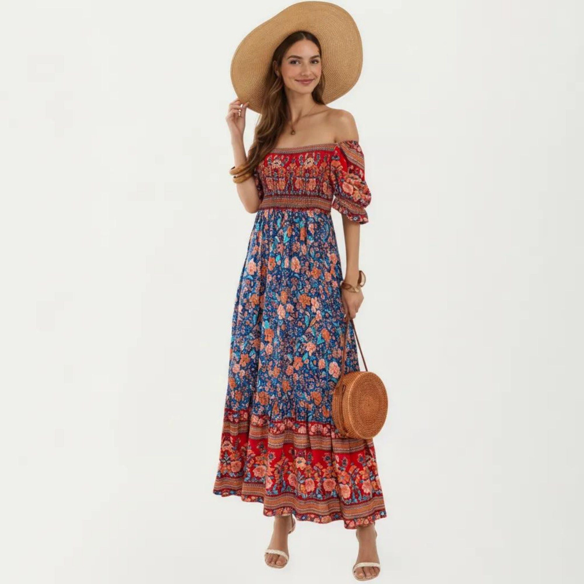 Anna-Kaci Women's Puff Sleeve Maxi Dress with Mixed Floral Print and Border Hem