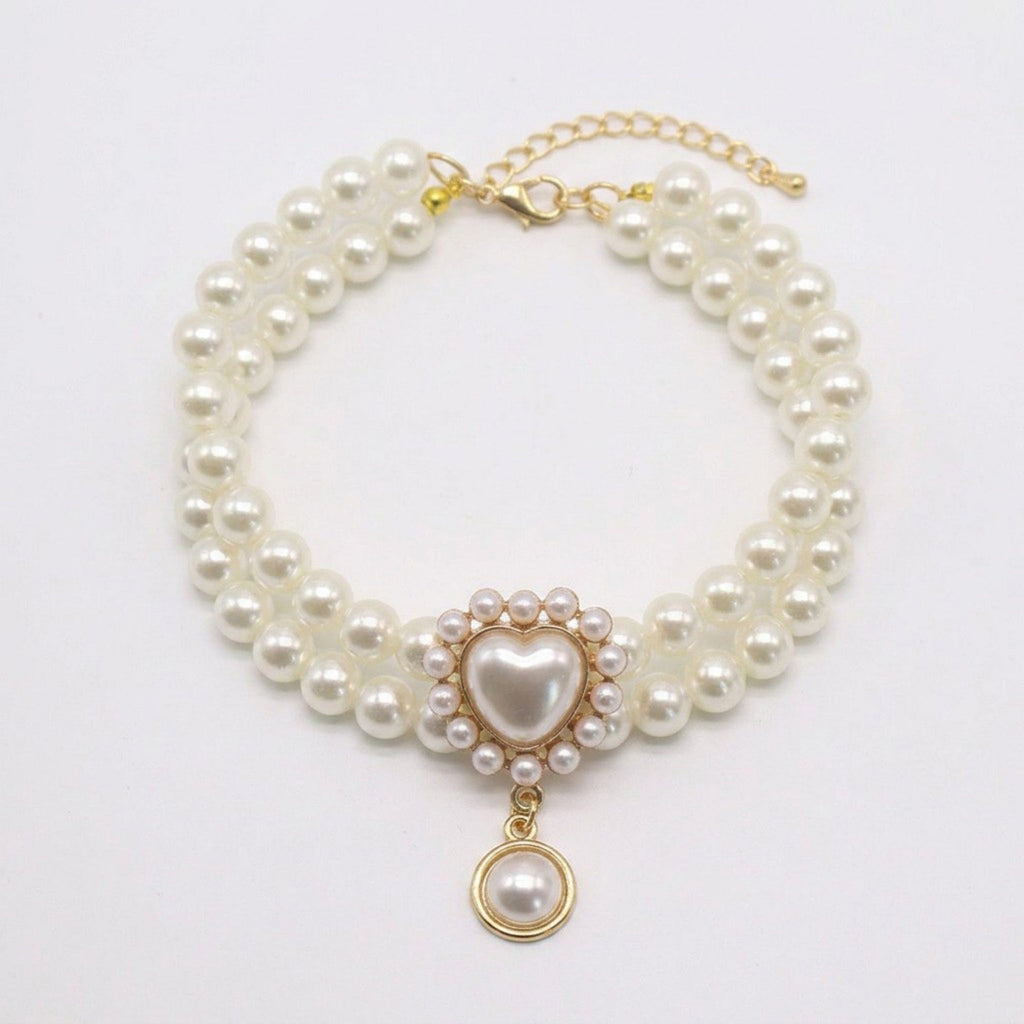 Double Strand Faux Pearl Pet Necklace Heart Gem Pendant Adjustable Collar Jewelry for Cats and Small Dogs