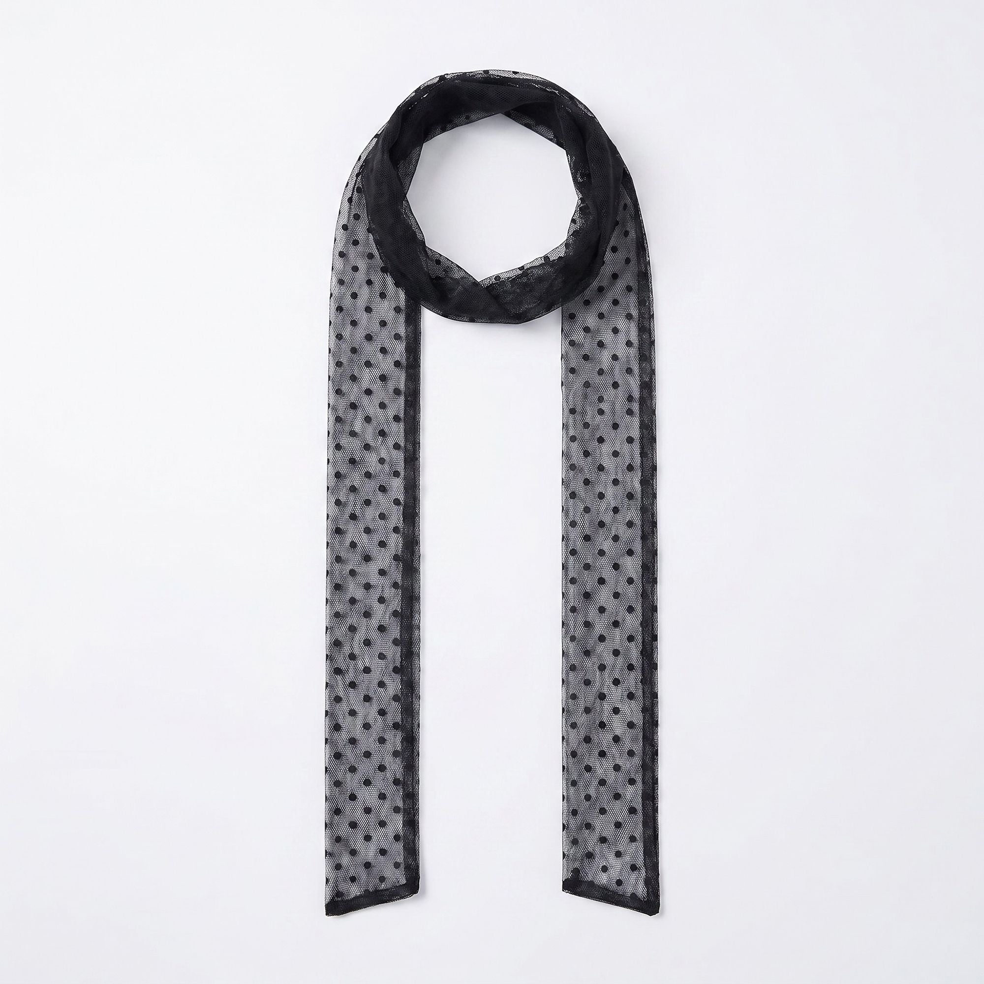Sheer Skinny Scarf with Flocked Dot Texture and Long Neck Tie Design