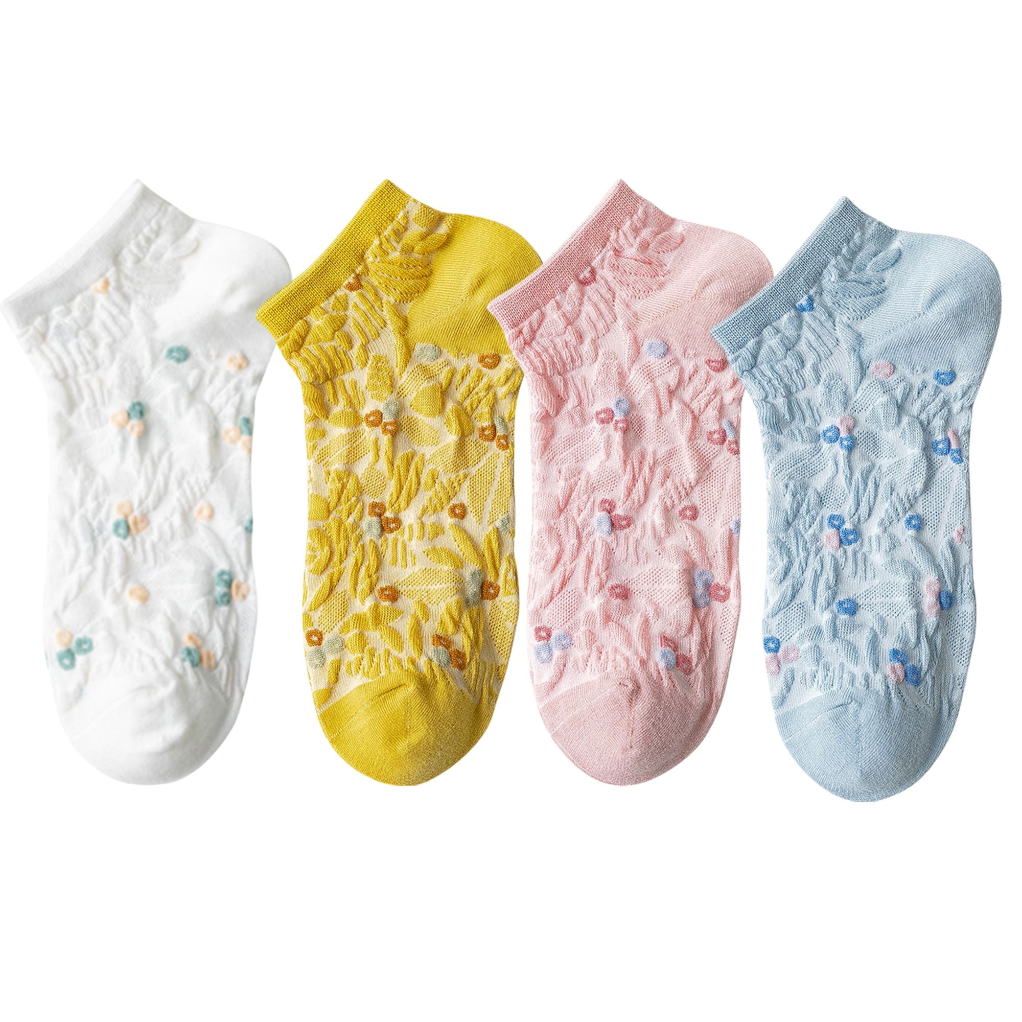 Anna-Kaci 4 Pairs Women's Low-Cut Floral Embroidered Socks Soft Combed Cotton Breathable Fit for Sneakers Flats and Everyday Casual Wear