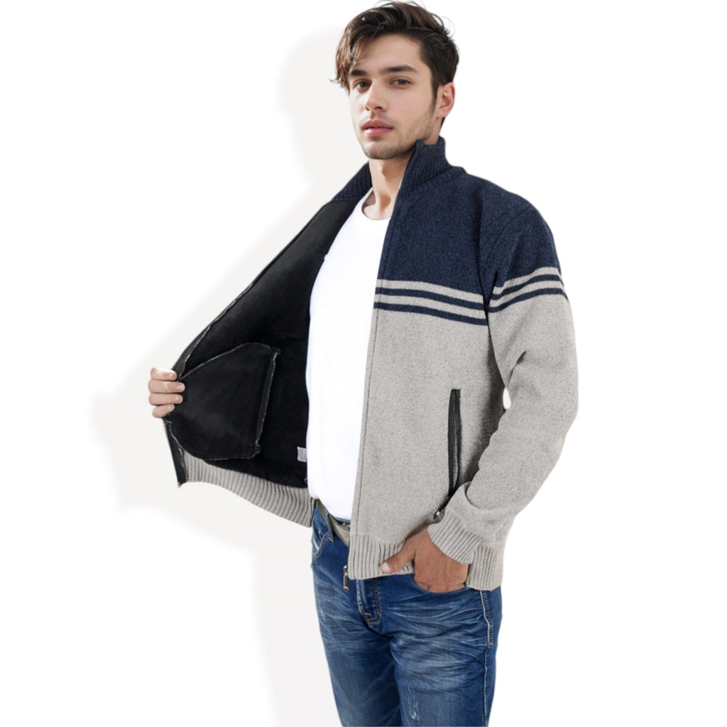 Anna-Kaci Men's Zip-Up Striped Fleece Jacket with High Collar and Front Pockets