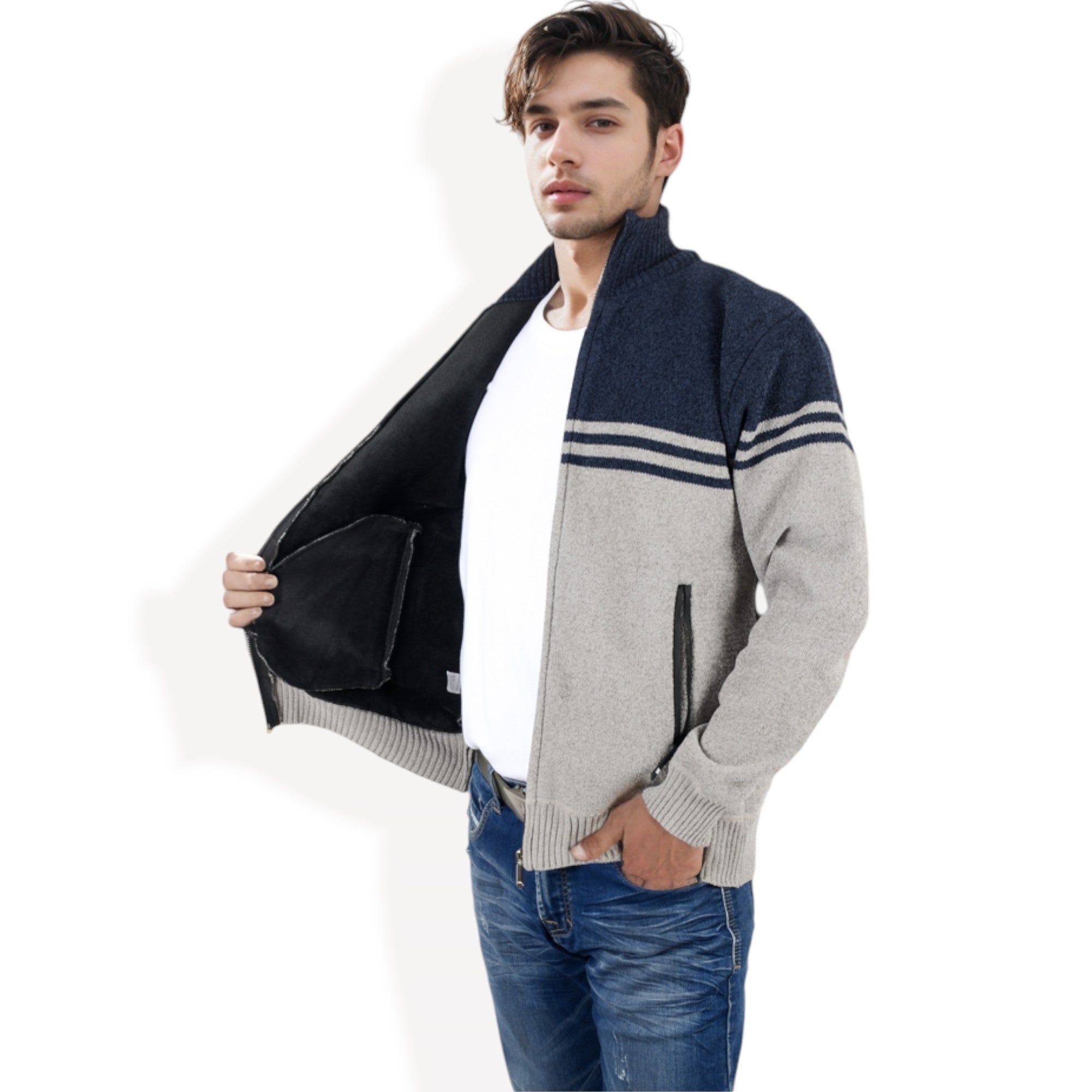 Anna-Kaci Men's Zip-Up Striped Fleece Jacket with High Collar and Front Pockets