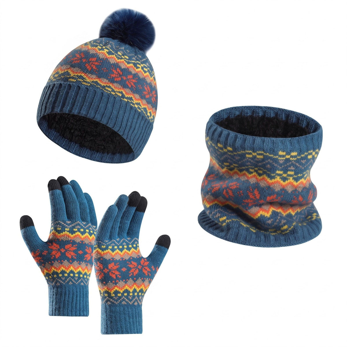 3 Piece Fair Isle Pom Beanie Neck Warmer and Gloves Set