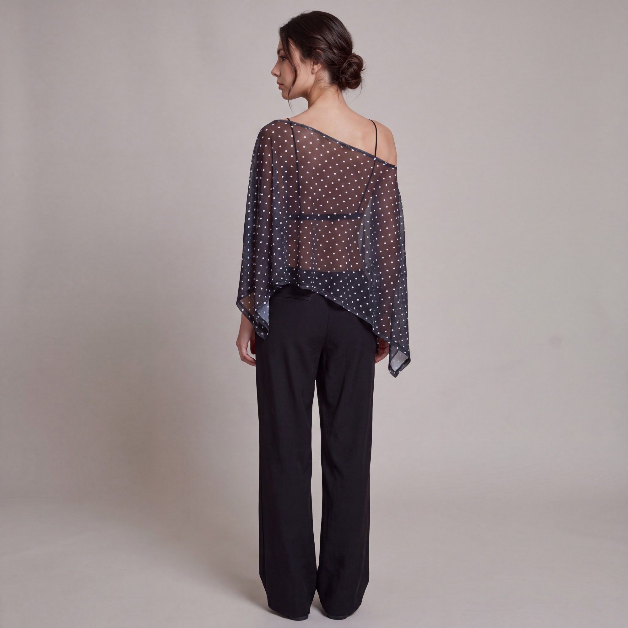 Sheer Polka Dot Asymmetrical Poncho Blouse with Off Shoulder Neckline Flowy Fit and Three Quarter Sleeves
