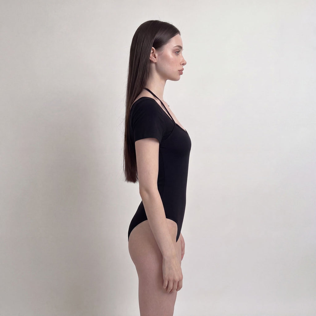 Short Sleeve One Piece Active Bodysuit with Built In Padding Open Back Stretch Fit and Quick Dry Fabric