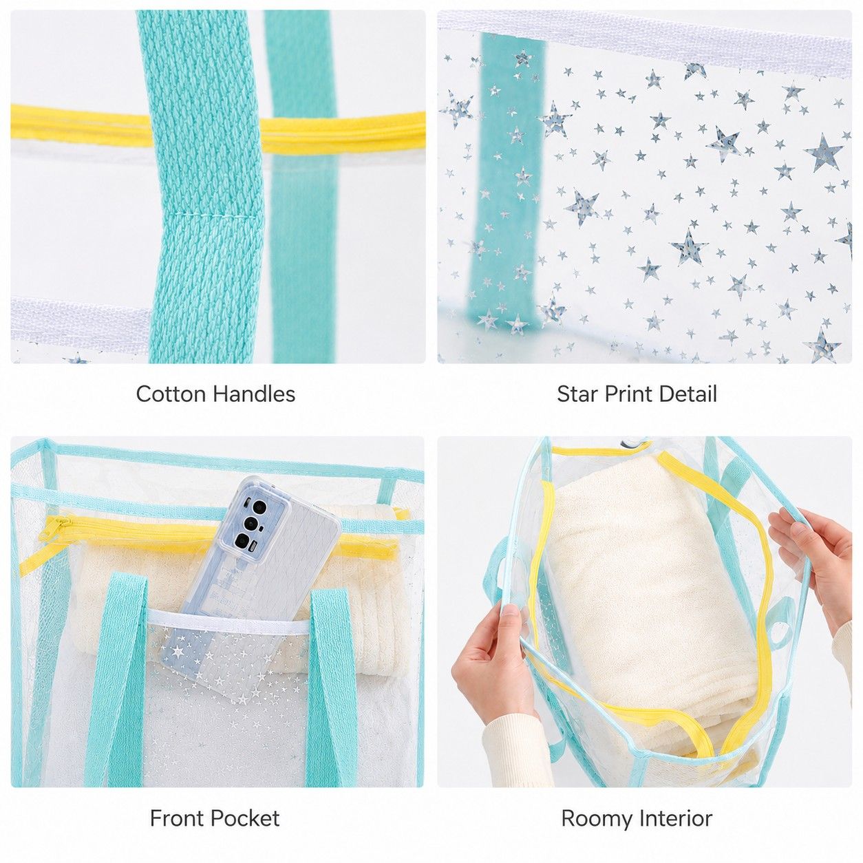 Clear PVC Beach Tote Bag with Front Pocket and Shoulder Handles