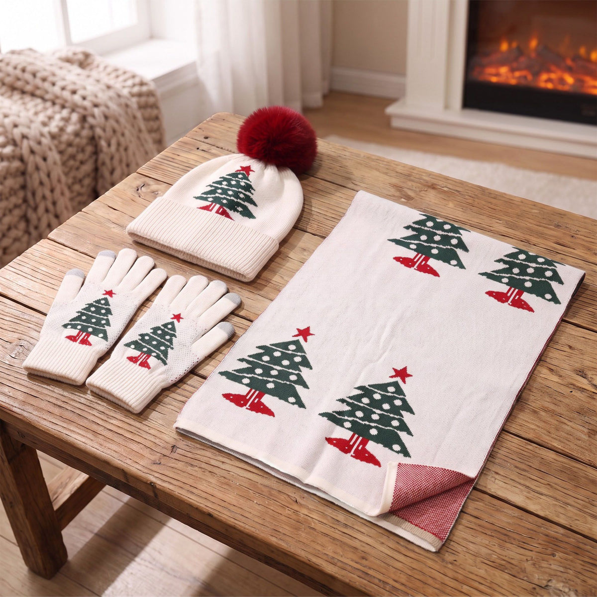 3 Piece Christmas Tree Beanie Scarf and Touchscreen Gloves Set