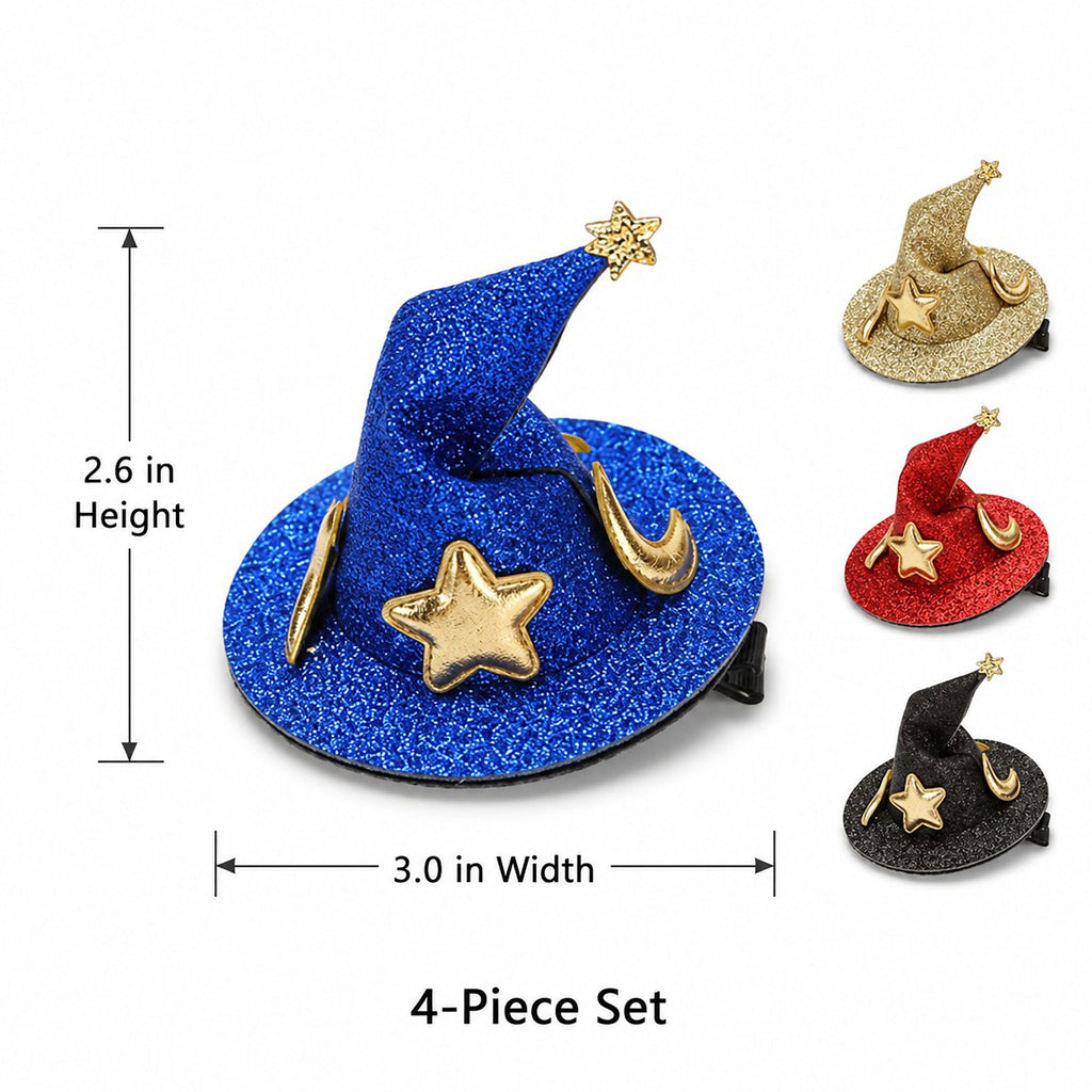 4pc Glitter Witch Hat Pet Hair Clips with Star and Moon Accents