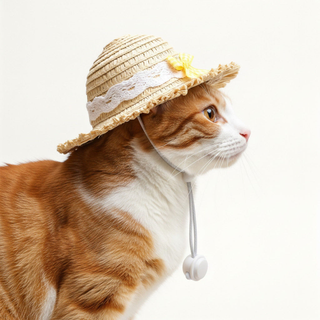 Pet Straw Sun Hat with Lace Trim Bow Adjustable Chin Strap Summer Costume Hat for Cats and Small Dogs