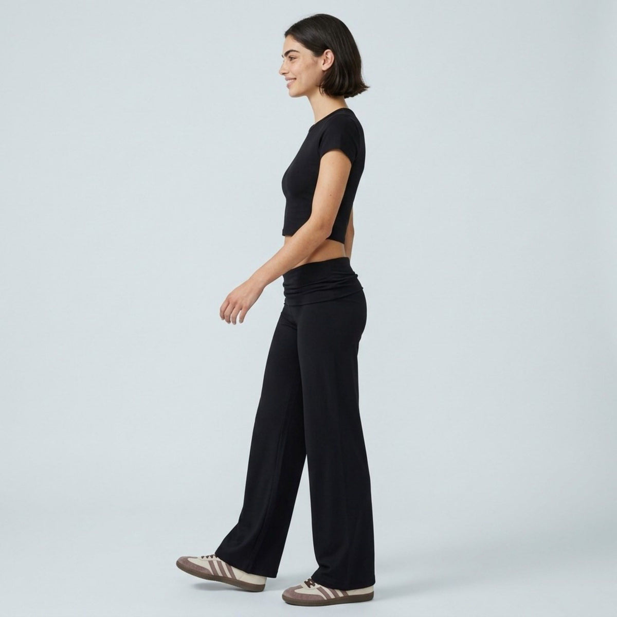 Foldover Waistband Full-Length Wide-Leg Trousers