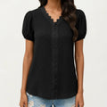 Anna-Kaci Women's Short Sleeve Swiss Dot Top with Lace Trim V-Neck and Puff Sleeves