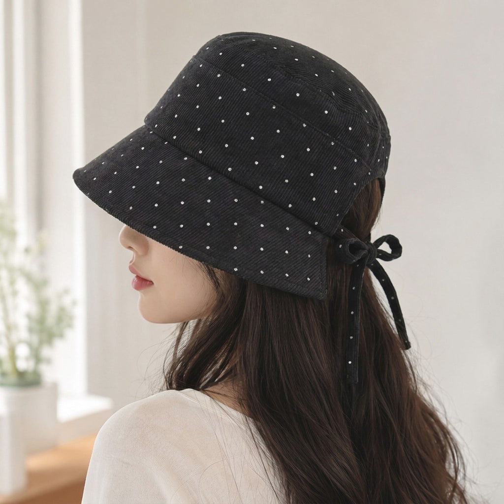 Polka Dot Corduroy Bucket Hat Wide Brim Tie Back Sun Hat