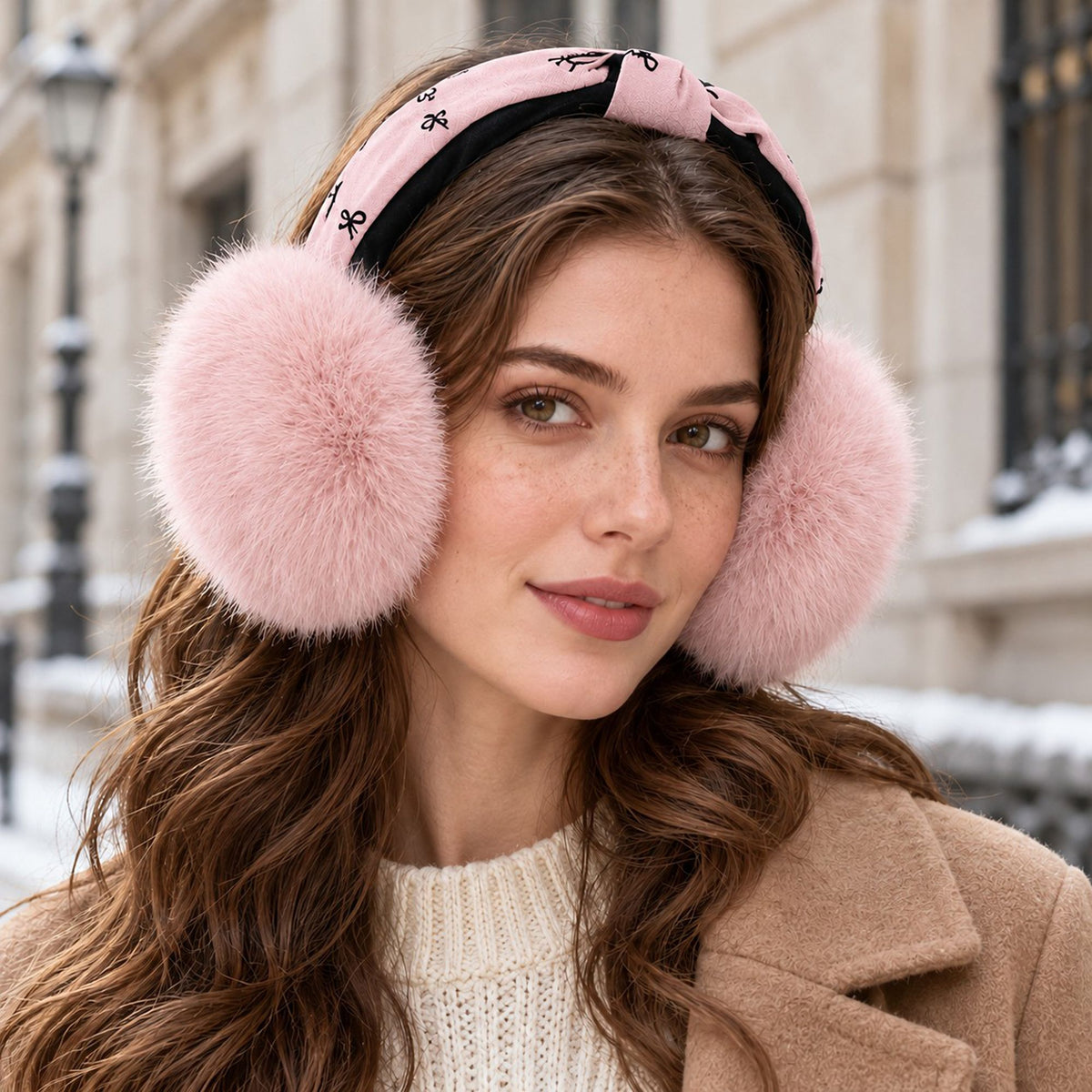 Plush Foldable Winter Earmuffs with Bow Print Knotted Headband