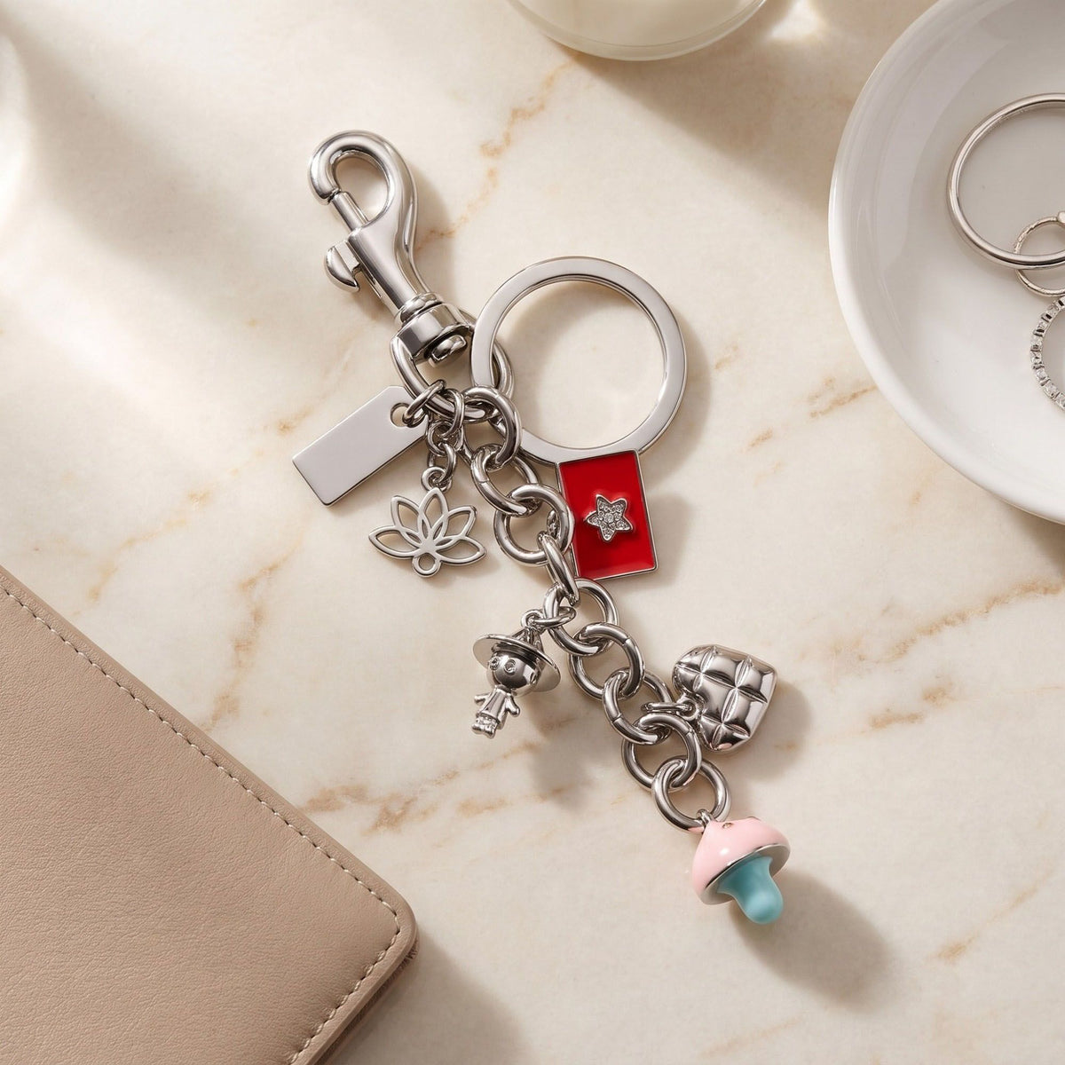 Mushroom Bag Charm Keychain with Heart and Mixed Pendants