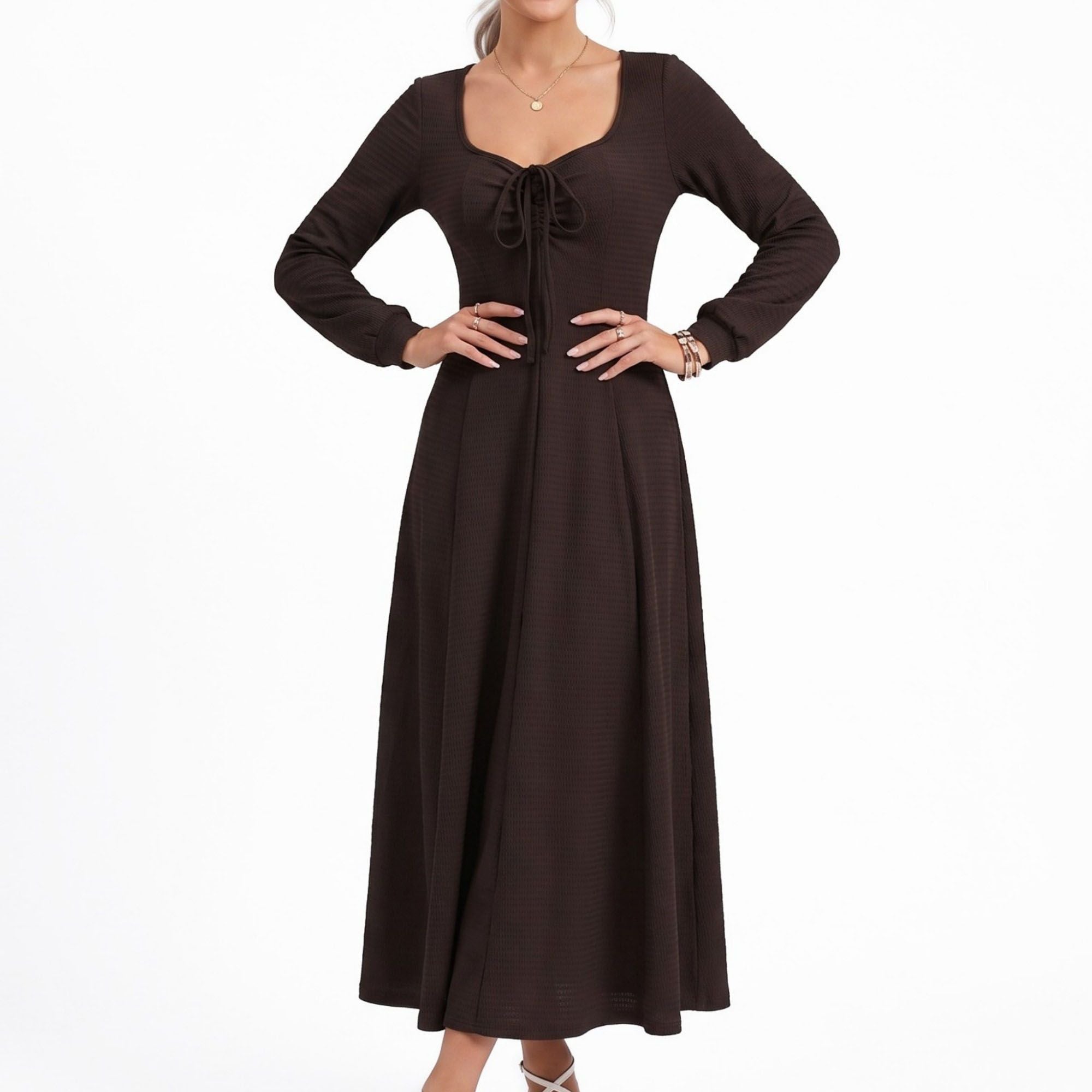 Tie Front Maxi Dress Square Neck Long Sleeve Fit and Flare Textured Dress
