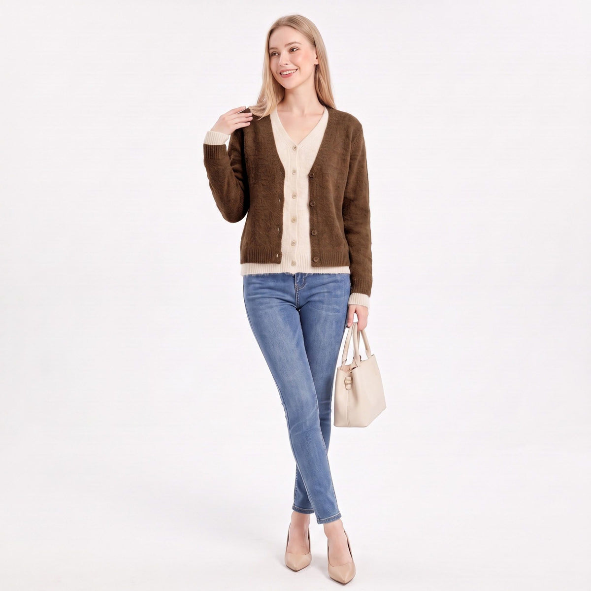 Contrast Trim Layered V Neck Button Front Cardigan