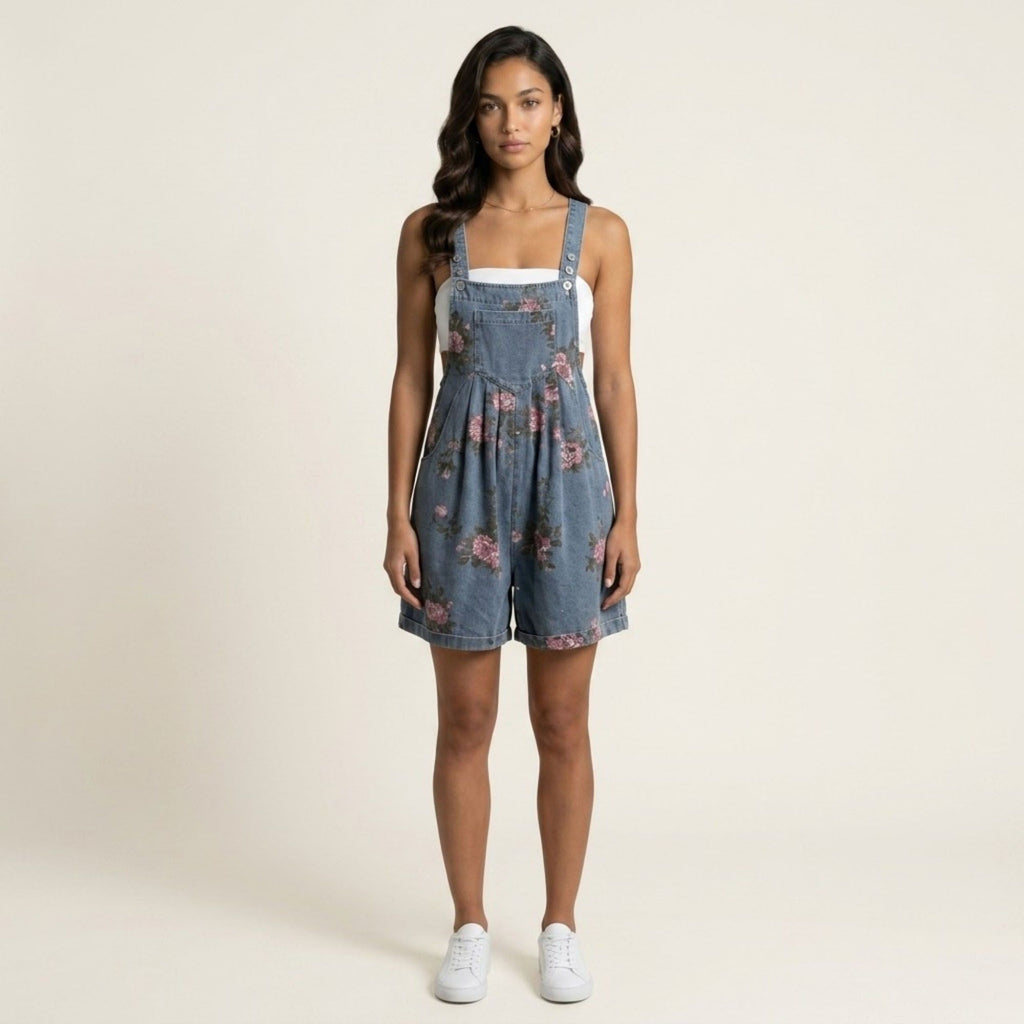 Anna-Kaci Women's Floral Denim Overall Romper Adjustable Strap Sleeveless Shortalls Loose Fit