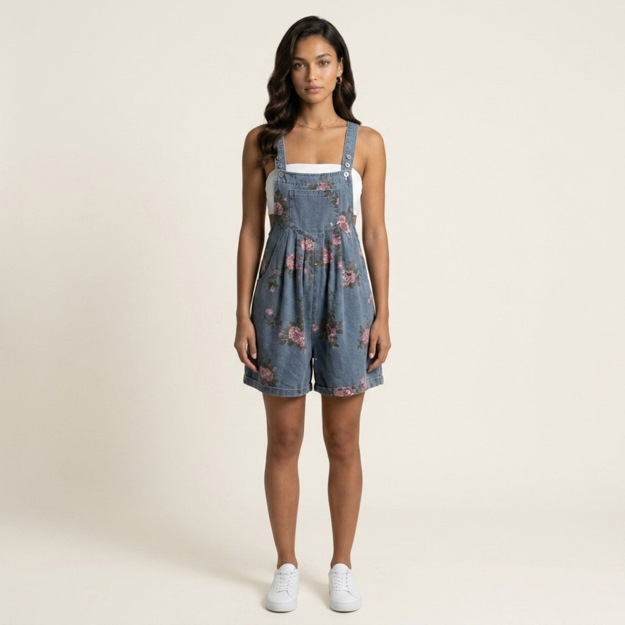 Anna-Kaci Women's Floral Denim Overall Romper Adjustable Strap Sleeveless Shortalls Loose Fit