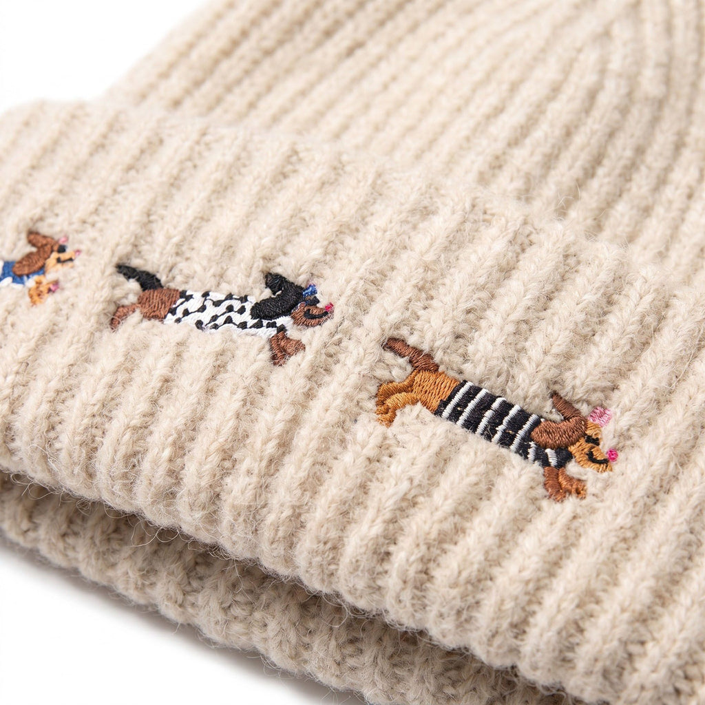 Embroidered Dachshund Knit Beanie Ribbed Cuff Winter Hat