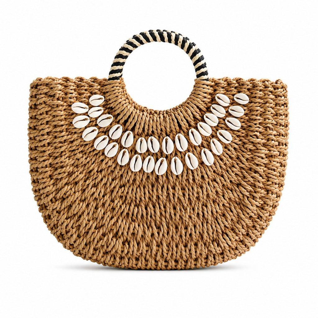 Straw Woven Shell Handbag with Round Handle