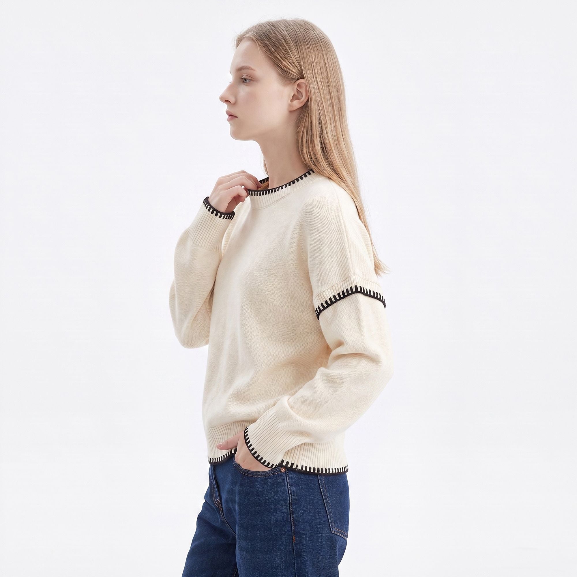 Contrast Stitch Crewneck Long Sleeve Knit Sweater