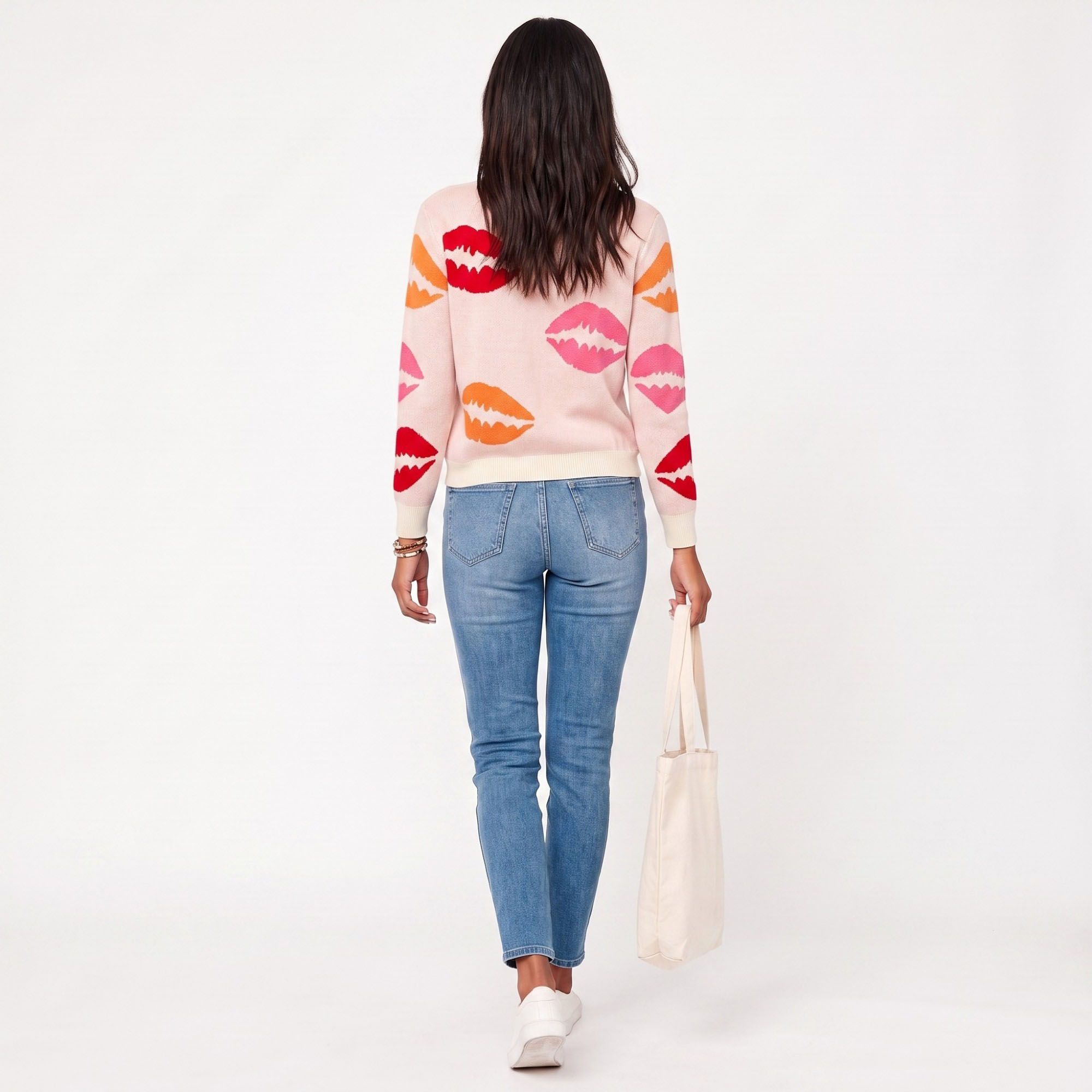 Lip Print V-Neck Long Sleeve Knit Sweater