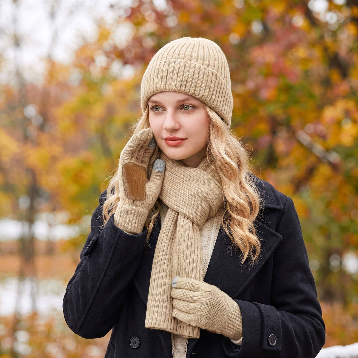 3 Piece Ribbed Knit Beanie Scarf and Touchscreen Gloves Set