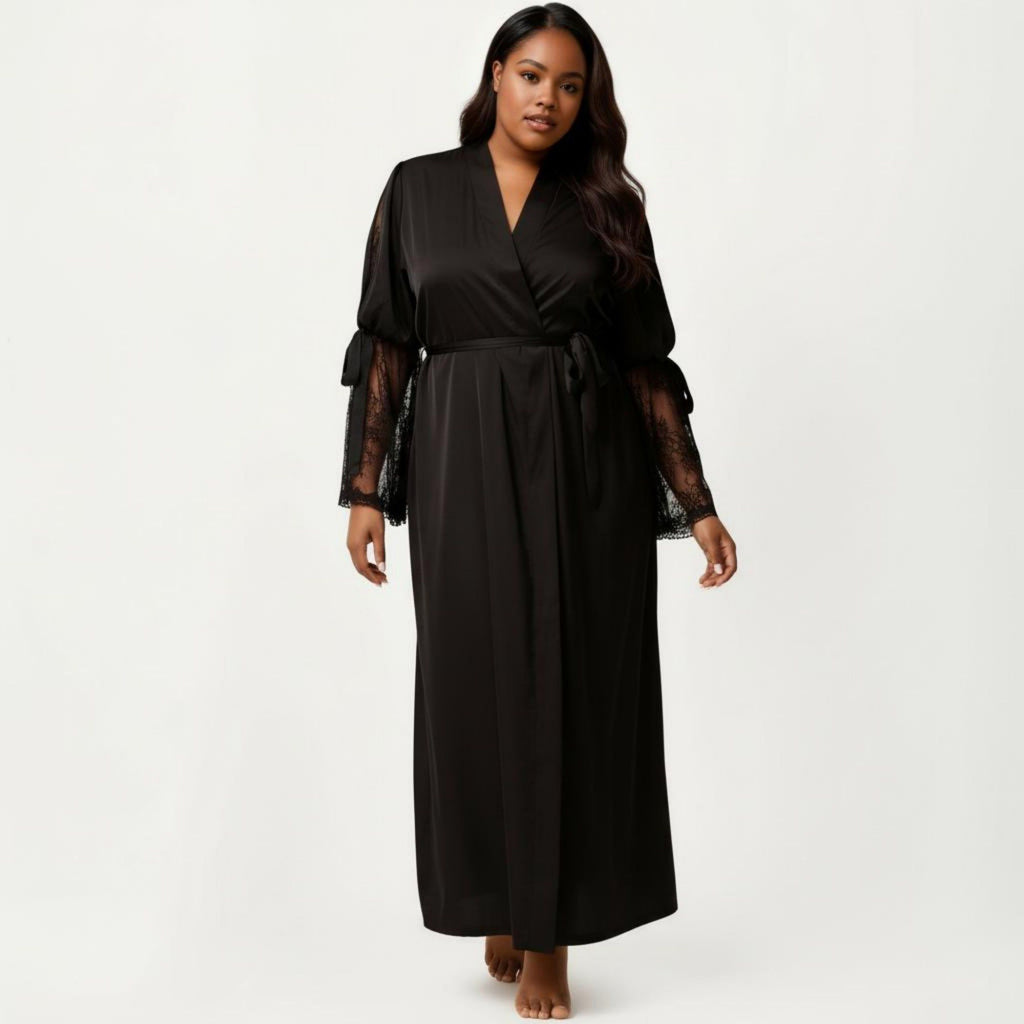 Anna-Kaci Lounge Women's Plus Size Long Satin Robe Lace Sleeve Wrap Nightgown Belted Kimono Sleepwear