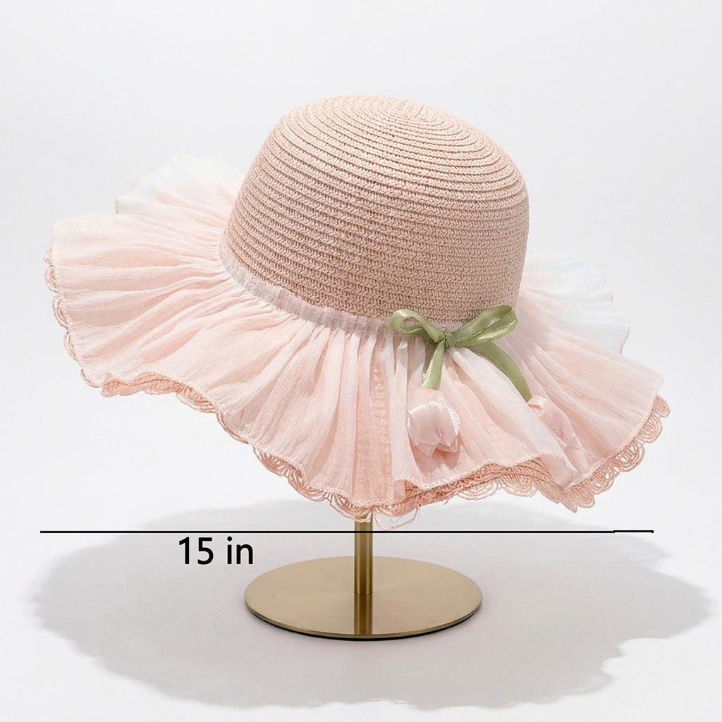 Wide Brim Straw Sun Hat with Pleated Sheer Brim Bow Accent and Floral Trim