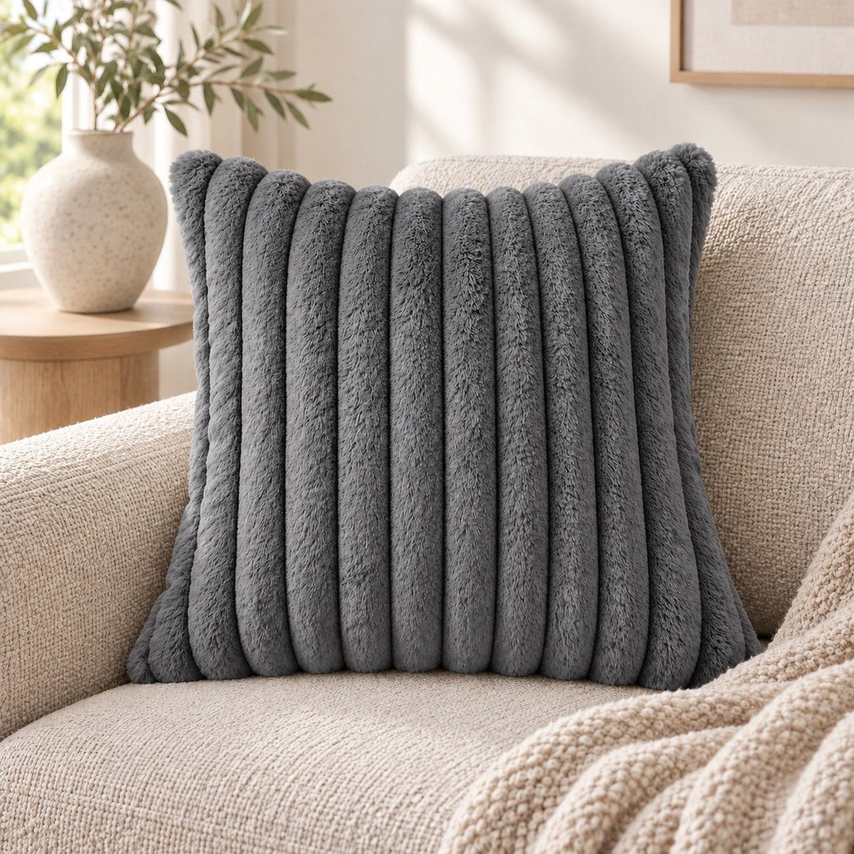 Double Sided Plush Corduroy Throw Pillow Cover 18 x 18 Inch Wide Stripe Texture