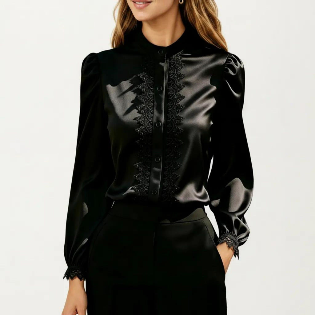 Anna-Kaci Women's Long Sleeve Blouse with Lace Trim Front and Puff Sleeve Cuffs