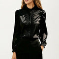 Anna-Kaci Women's Long Sleeve Blouse with Lace Trim Front and Puff Sleeve Cuffs