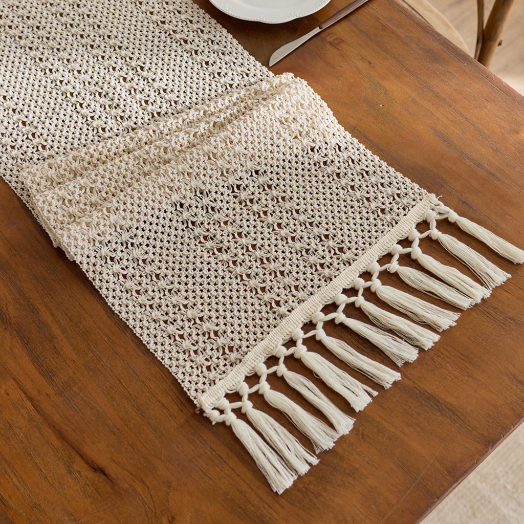 Textured Woven Table Runner with Fringe Edges and Bohemian Stripe Pattern 47x11.8 in